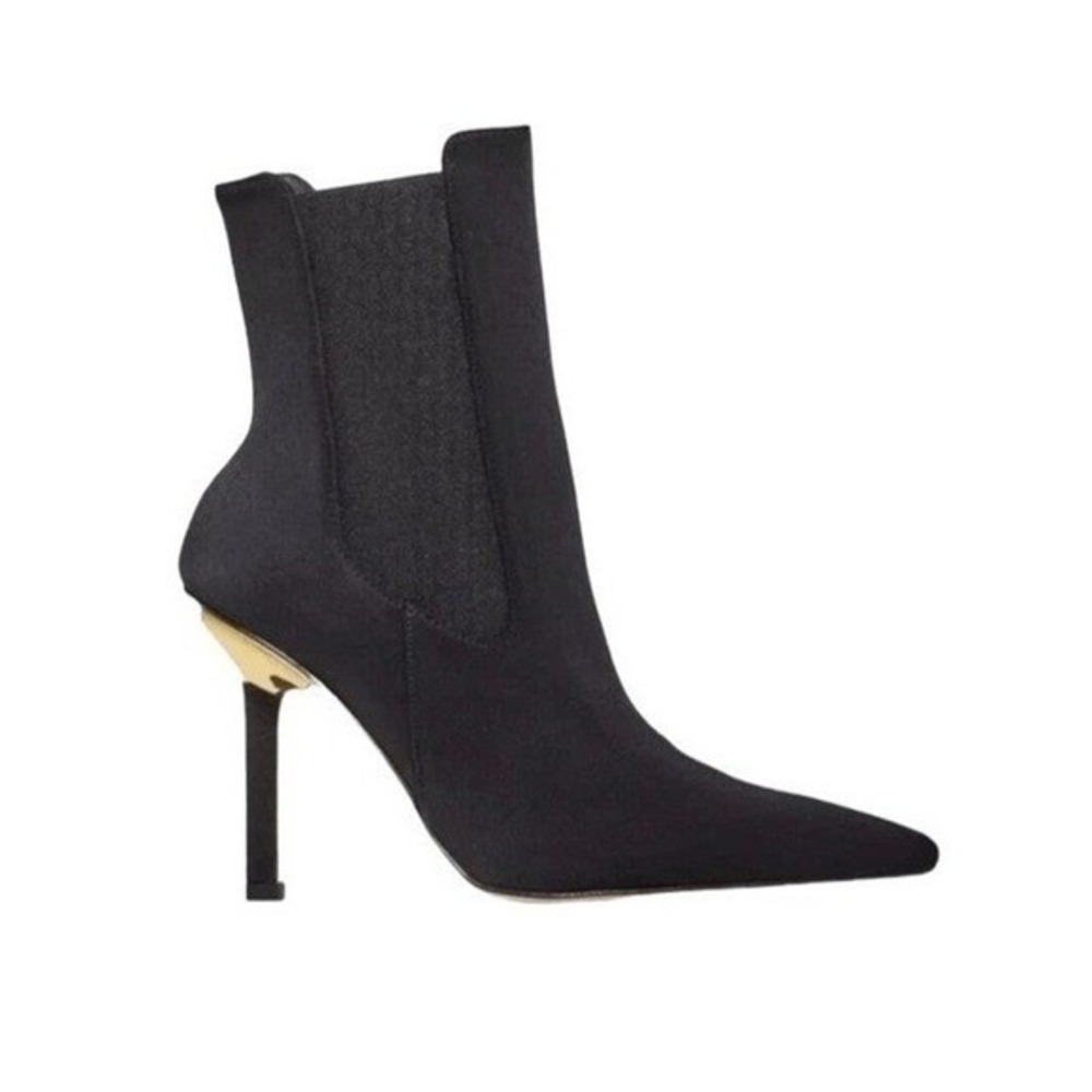 Good‎ American High Kickstand Neoprene Heeled Bootie Black Gold Heel Boots 10.5
